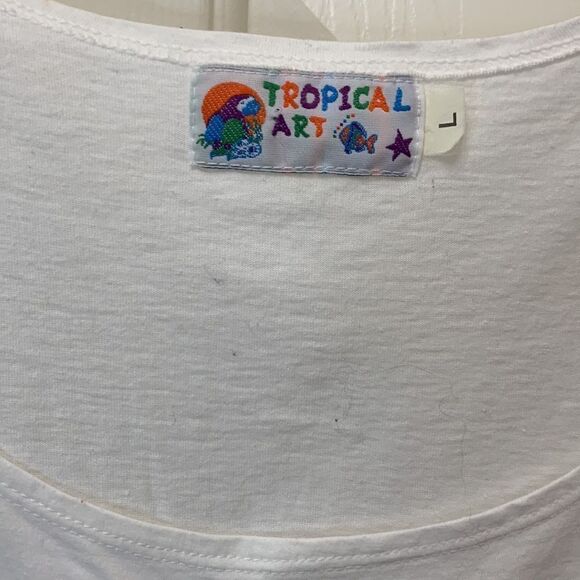 Tropical Art Size Large White Scoop Neck Short Sleeve Parrot Flowers Appliqué - Picture 3 of 7